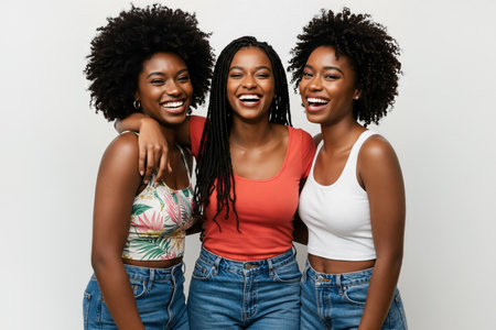 A Cheerful Group with Afro-textured Hair and Braids Embrace, Radiating Joy and Friendship Against a Neutral Backdrop.の素材
