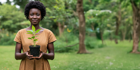 A Black oman Holding a Small Growing Plant. Hope and Sustainability.の素材