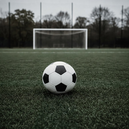 A Soccer Ball on the Field, Ready for the Game, Under the Sunlight, Representing Passion, Competition, Teamwork, and the Spirit of Sportsの素材
