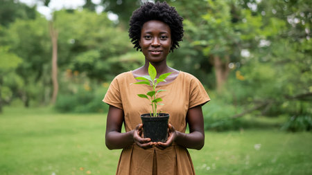 Two Hands Holding a Young Green Plant as a Symbol of Growth, Sustainability, Cooperation, Hope, and Environmental Responsibilityの素材