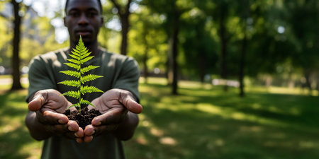 A black man holding a small growing plant. Hope and Sustainability.の素材