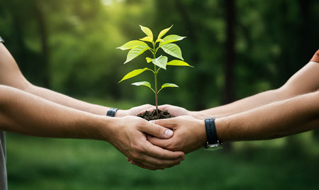 Two Hands Holding and Passing a Young Green Plant as a Symbol of Growth, Sustainability, Cooperation, Hope, and Environmental Responsibilityの素材