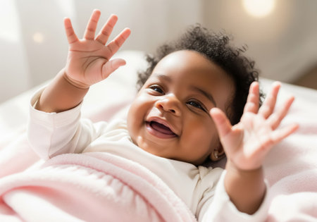 happy african american baby lying in bed and showing ok signの素材