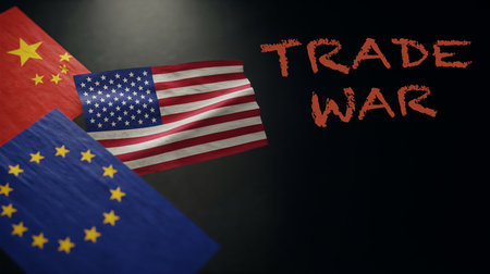 Flags of China, the United States, and the European Union Represent Global Geopolitical and Economic Influence Amidst Strategic Competition and Diplomatic Challengesの素材