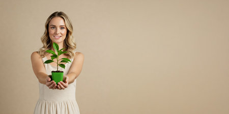A Woman offering a Small Plant to Another. Sharing Greeneryの素材