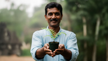 Two Hands Holding a Young Green Plant as a Symbol of Growth, Sustainability, Cooperation, Hope, and Environmental Responsibilityの素材