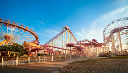A blurred scenery to be used as background. A blurred amusement park scene captures the essence of thrill and excitement, featuring a roller coaster against a backdrop of a bright blue skyの素材
