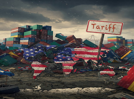 Economic Collapse and Global Trade Crisis Depicted Through a Broken American-Flag World Map Amidst Shipping Container Ruins and Industrial Decayの素材