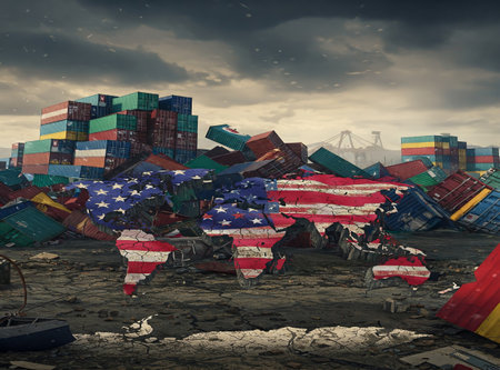 Economic Collapse and Global Trade Crisis Depicted Through a Broken American-Flag World Map Amidst Shipping Container Ruins and Industrial Decayの素材