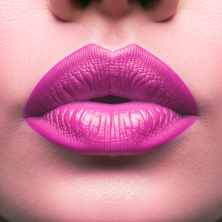 Glossy colored and sexy pink lips. illustration isolated on background. Hot kiss sticker lips with lipstick pin upの素材