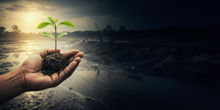 A Hand Holding a Young Growing Plant in a chaotic scenario. Hope and Renewalの素材