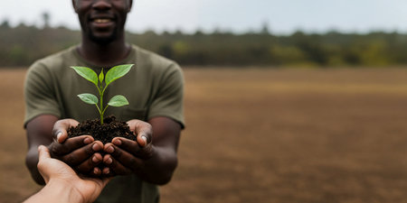 A black man holding a small growing plant. Hope and Sustainability.の素材