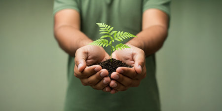 Two Hands Holding and Passing a Young Green Plant as a Symbol of Growth, Sustainability, Cooperation, Hope, and Environmental Responsibilityの素材