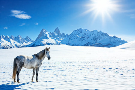 Panorama of winter mountains. Concept of natural beauty and majestic landscapes with a mustang horse.の素材