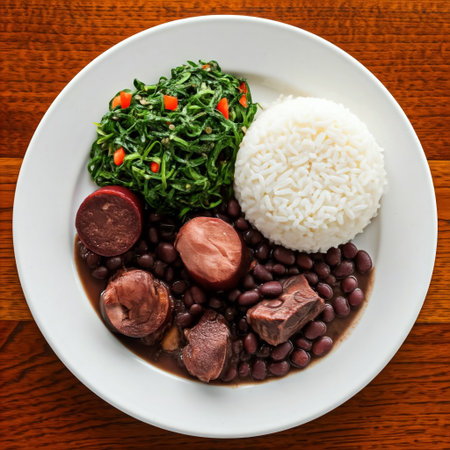 Typical Brazilian dish called Feijoada. Made with black beans, pork and sausage. Top viewの素材