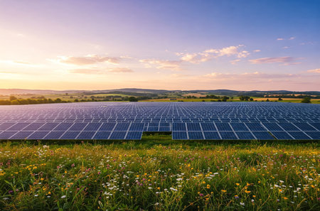 Large Solar Panel Farm in a Green Field Capturing Sunlight for Renewable Energy, Sustainability, and Environmental Conservation at Sunsetの素材