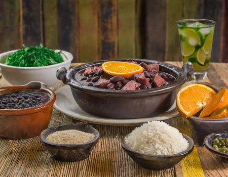 Typical dish of Brazilian cuisine called Feijoada, with black beans, bacon, sausage and porkの素材