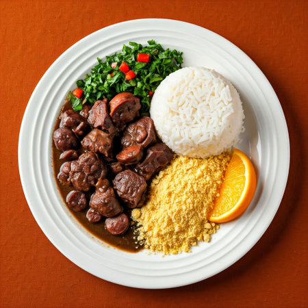 Hearty by saussage with rice, kale and herbs. Plate with beef and vegetable stew, green cabbage, sauce with white rice. white plate. Top view.の素材