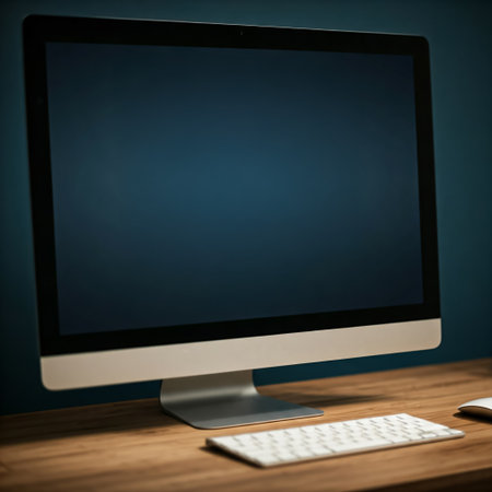 Modern computer monitor with black screen on desk in office interior, copy spaceの素材