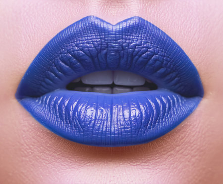 Glossy colored and sexy blue lips. illustration isolated on background. Hot kiss sticker lips with lipstick pin upの素材