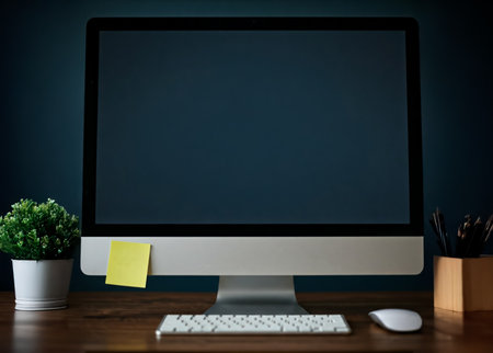 Modern computer monitor with black screen on desk in office interior, copy spaceの素材