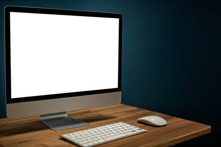 Modern computer monitor with transparent screen on desk in office interior, copy spaceの素材