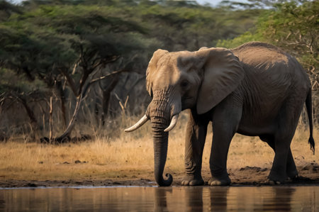 Large African elephant with its tusks. Afrikanischer Elefant / African elephant / Loxodonta africana in its natural habitatの素材