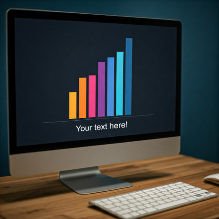 Modern computer monitor with graphics on screen on desk in office interior, copy spaceの素材