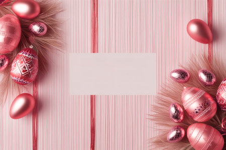 Easter card with rectangular frame and red ornate eggs on elegant background. illustration. Place for your text. floral patternの素材