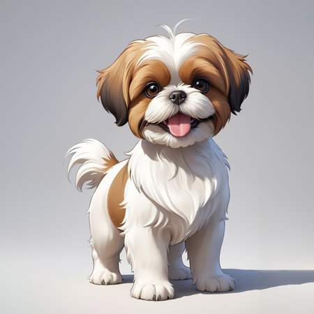 A happy Shih Tzu dog grins wide while posing, illustration of its joyful demeanor in a simplistic sceneryの素材