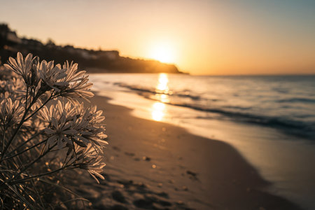 Golden sunset over serene beach with flowers in foreground, calm ocean waves and silhouettes of palm trees along distant coastlineの素材