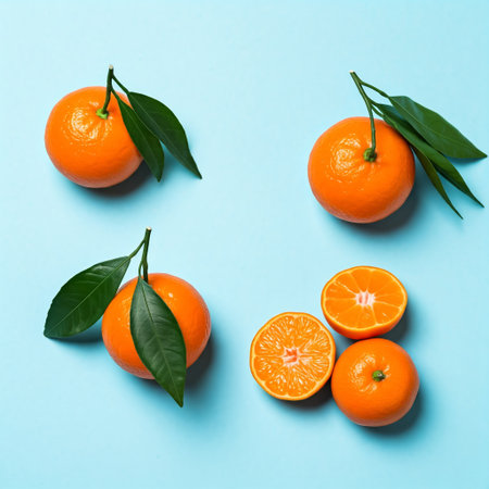 Fresh juice whole and sliced tangerine on a greenish isolated backgroundの素材