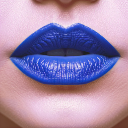 Glossy colored and sexy blue lips. illustration isolated on background. Hot kiss sticker lips with lipstick pin upの素材