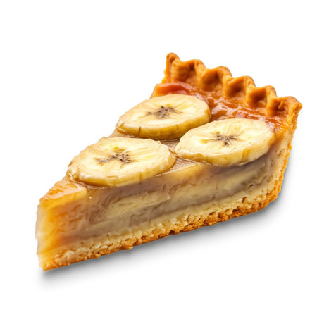 Slice of fresh baked homemade banana pie with fruit slices. isolated on white backgroundの素材
