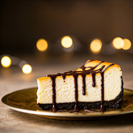 slice of chocolate cheesecake pie over the table with defocused background. Fruit pie. Tart.の素材