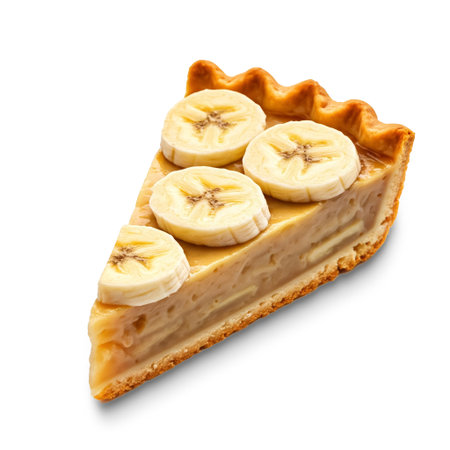 Slice of fresh baked homemade banana pie with fruit slices. isolated on white backgroundの素材