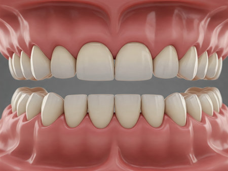 3d render of jaw with teeth and veneers over gray backgroundの素材