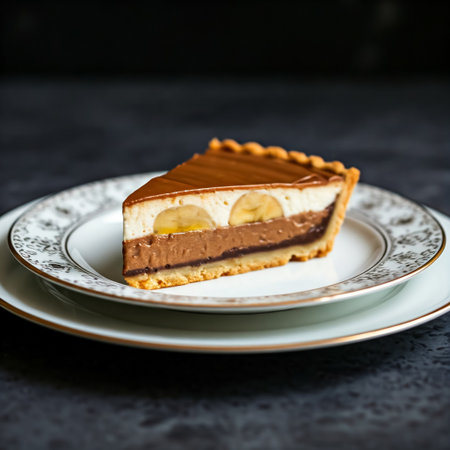 slice of banana banoffee pie over the table with defocused background. Fruit pie. Tart.の素材