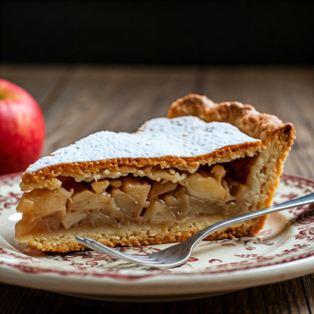 slice of apple pie over the table with defocused background. Fruit pie. Tart.の素材
