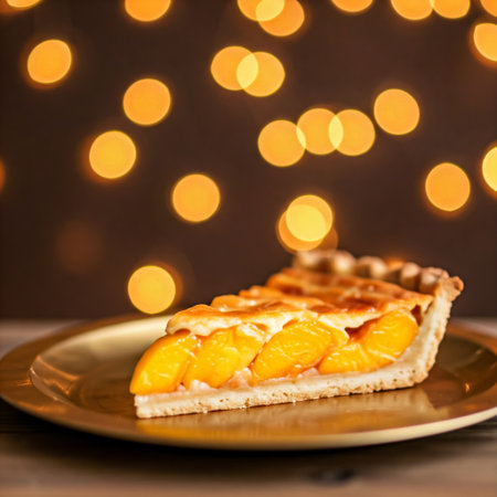 slice of peach pie over the table with defocused background. Fruit pie. Tart.の素材