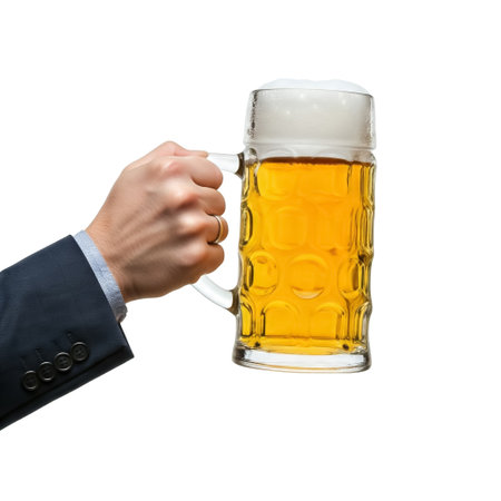 Man holding a glass of beer in cheers gesture, splashing out. Isolated on white background.の素材