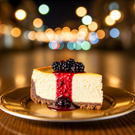 slice of blackberry cheesecake pie over the table with defocused background. Fruit pie. Tart.の素材
