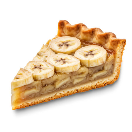 Slice of fresh baked homemade banana pie with fruit slices. isolated on white backgroundの素材