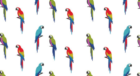 Seamless pattern with colorful macaws on a white background.の素材