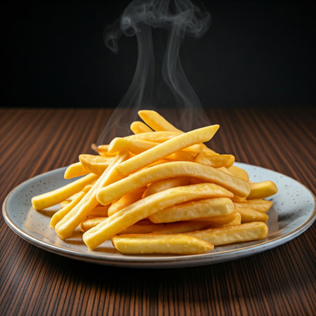 Healthy food. Diet dish. Restaurant menu. French fries. Crispy French Fries made from potatoes and deep-fried in hot oil.の素材