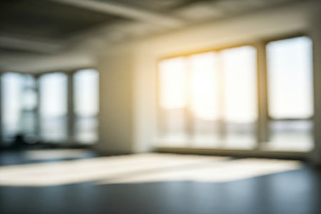 Blurred empty open space office. Abstract light bokeh at office interior background for design.の素材