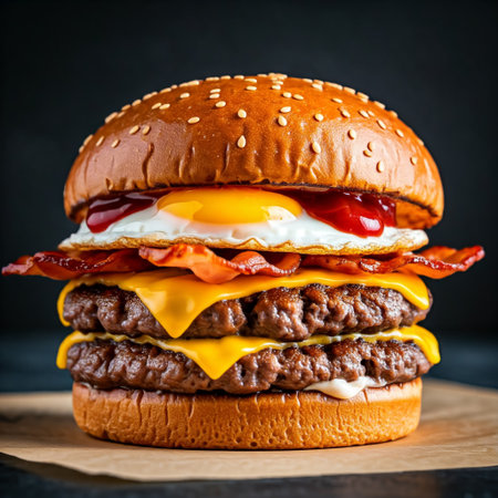 Delicious fastfood grilled fresh tasty double burger isolated on black backgroundの素材