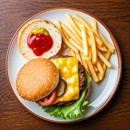 Top view of a Delicious fastfood grilled fresh tasty burger and fries isolated on black backgroundの素材