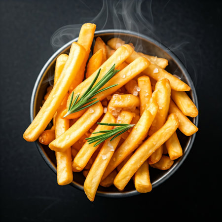 Healthy food. Diet dish. Restaurant menu. French fries. Crispy French Fries made from potatoes and deep-fried in hot oil.の素材