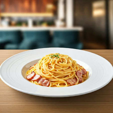 Traditional Italian carbonara sauce spaghetti is isolated on a blurry background.の素材
